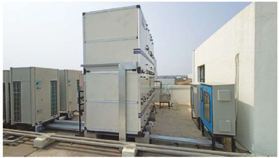 Rooftop air handling units in a row