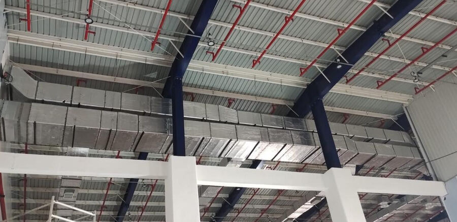 Insulated ductwork installation, warehouse roof structure